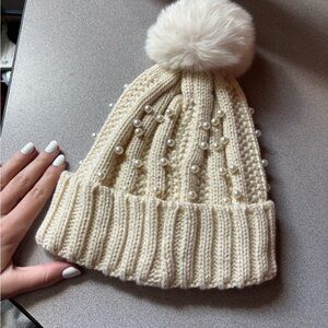 Elegant Cream Knit Beanie with Pearls